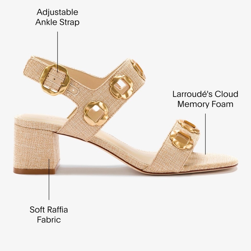 Larroudé Raffia Block Heel Sandals with Gold Buckle Accents - Natural
